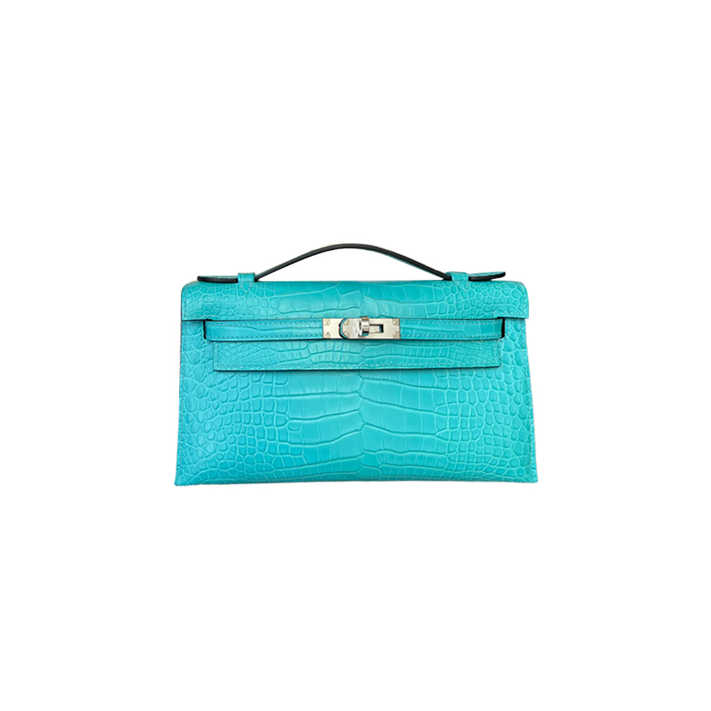 HERMÈS MASTER  KELLY CLUTCH MATTE CROCODILE MACARON BLUE SILVER BUCKLE (22*14*7cm) 